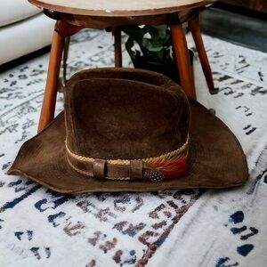 Vintage lanning suede cowboy hat with feather  details western ranch unisex